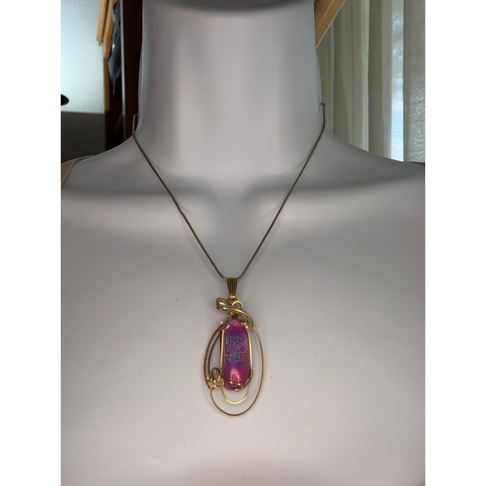 Wire Wrapped Pendant Necklace Women Purple 14k GF Dichroic Glass